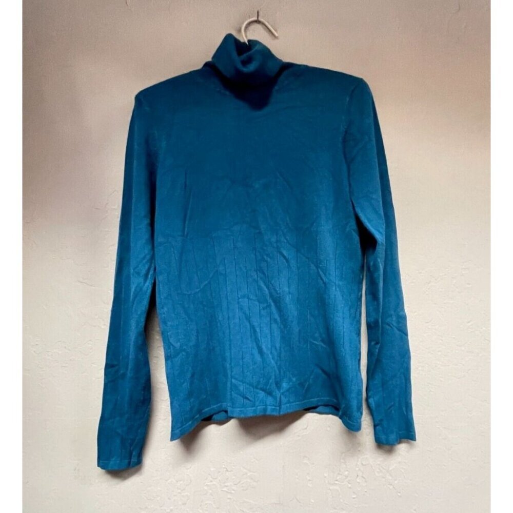 Lole Women's Medium Blue Green Ribbed Turtleneck Top Stretch  Long Sleeve Shirt